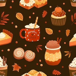 Autumn season dessert and drink flat vector seamless pattern. Pumpkin spice latte and cupcakes background, backdrop. Cappuccino, pie slice and leaves wrapping paper, wallpaper, textile design