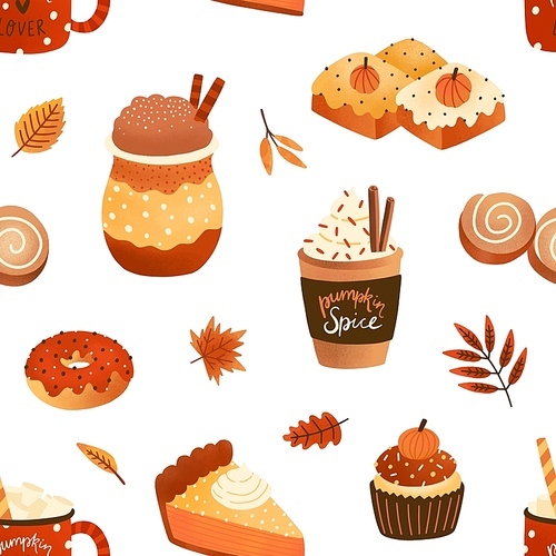 Autumn seasonal pastry and drink flat vector seamless pattern. Pumpkin spice latte and cupcakes texture. Cappuccino, doughnuts and leaves backdrop. Wrapping paper, wallpaper, textile design