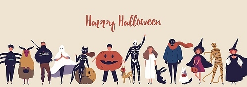 happy halloween flat banner vector template. children in spooky outfits cartoon characters.  holiday congratulation. kids in spider, ghost, mummy and witch costumes illustration with typography