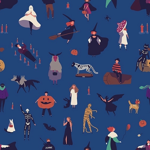 halloween characters flat vector seamless pattern. traditional  holiday decorative texture. people in spooky costumes cartoon illustration. festive wrapping paper, wallpaper, textile design