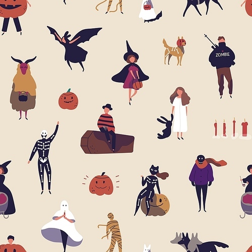 horror characters flat vector seamless pattern. halloween decorative texture. people in spooky outfits cartoon illustration.  tradition. festive wrapping paper, wallpaper, textile design