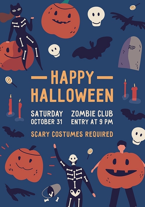 Happy halloween flat poster vector template. Holiday party, entertainment event invitation card. Zombie club advertising flyer, banner layout. People in scary costumes illustration with typography