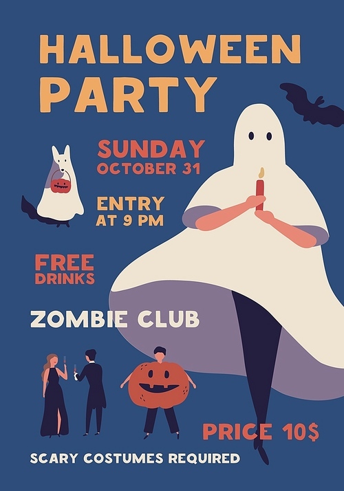 halloween costume party flat poster vector template.  holiday celebration event invitation. zombie club advertising , banner layout. people in spooky outfits illustration with typography