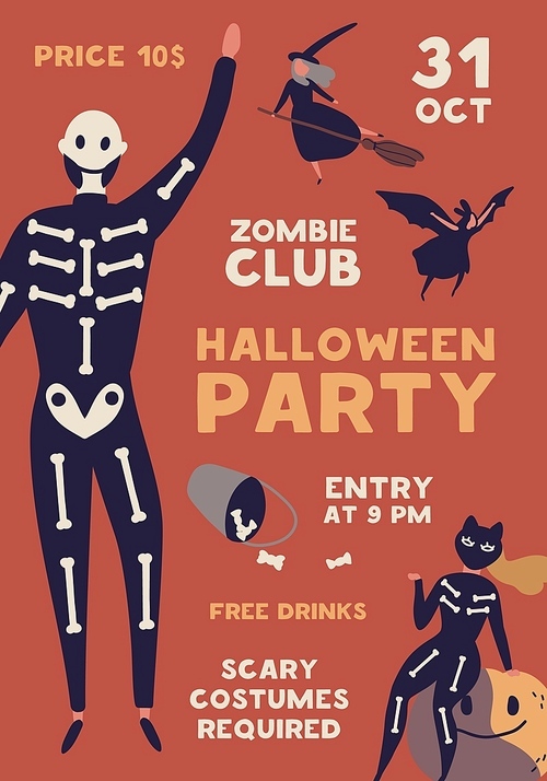 halloween celebration party flat poster vector template. seasonal masquerade , flyer concept. zombie club invitation card layout. people in creepy costumes illustration with typography