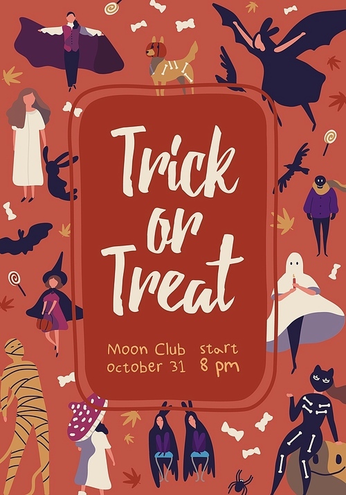 Trick or treat flat poster vector template. Halloween celebration banner, placard concept. Moon club invitation card layout. People in various creepy costumes illustration with typography