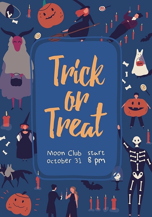holiday flat poster vector template. trick or treat banner, halloween masquerade placard concept. moon club invitation card design. people in festive costumes illustration with typography