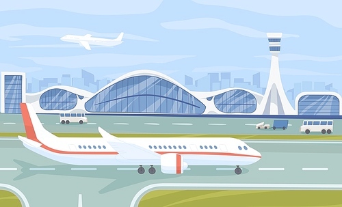 Airport terminal flat vector illustration. Aviation industry, airline company facilities. Airplane on airfield runway color composition. Plane, buses near airport building. Air transport, aircraft