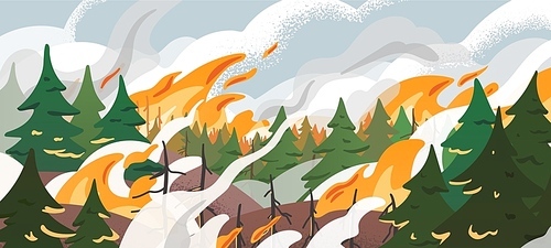 Forest fire flat vector illustration. Dangerous wildfire in Siberian taiga. Burning Russian woodland. Global warming, natural disaster. Fir trees in flame and smoke in air. Dry woods, pines in fire
