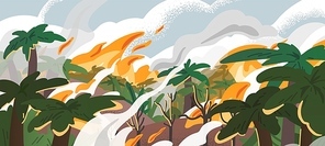 Amazonian forest fire panorama flat vector illustration. Tropical environment destruction, natural disaster, deforestation problem. Burning amazonia woods, ecological catastrophe, landscape in smoke