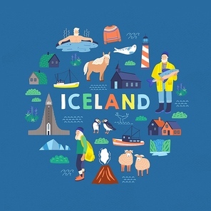 Iceland symbols flat vector illustrations. Tourist postcard decorative design element. Traditional Islandic people, animals and national landmarks composition with colorful typography