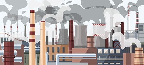 Industrial factory pipes, chimneys illustration. Power plant with smoke clouds panorama. Global warming, greenhouse effect, air pollution concept. Heavy chemicals emission, atmosphere contamination