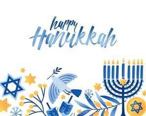 Happy hanukkah greeting card vector template. Jewish holiday celebration postcard design. Menorah candles, David star, flying dove and handwritten lettering. Jewish festival of lights postcard layout