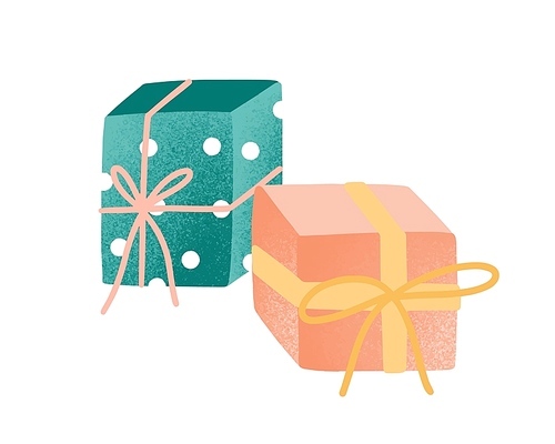Wrapped presents flat vector illustration. Gift boxes decorated with ribbons isolated on white . Wrapped festive birthday package . Traditional holiday celebration symbol