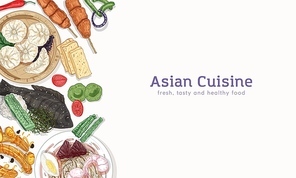 Asian cuisine hand drawn banner vector template. Traditional oriental dishes and appetizers realistic illustrations. Culinary background with place for text. Restaurant advertising horizontal layout