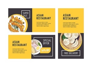 Asian restaurant advertising flyers templates set. Oriental cuisine cafe promo leaflets design layouts. Hand drawn exotic dishes. Special offer banner with realistic illustrations and place for text