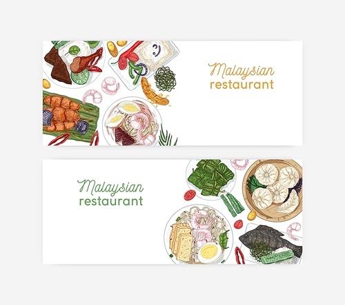 Malaysian restaurant hand drawn banner vector template. Traditional oriental dishes and appetizers realistic illustrations. Asian culinary background with place for text. Cafe advertising layout