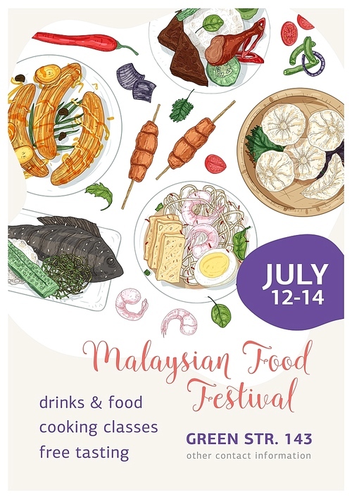 Malaysian food festival vector poster template. Asian traditional cuisine realistic hand drawn background, backdrop. Chinese meal and Thai gourmet snacks vintage placard, invitation card design