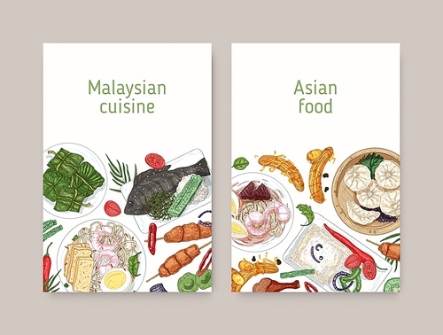Malaysian cuisine vector poster templates. Asian traditional food realistic hand drawn backgrounds. Chinese meal engraving restaurant flyer. Thai gourmet snacks vintage placard card design