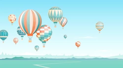 Flying hot air balloons in sky vector illustration. Floating aircrafts on horizon scenery. Aerial transportation. Balloons festival. Aerostat transport, airships on picturesque landscape