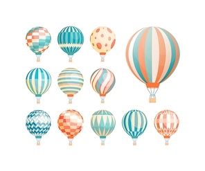 Hot air balloons flat vector illustrations set. Colorful vintage aerial vehicles for flights isolated on white background. Ornate sky ballons, airships with baskets design elements collection