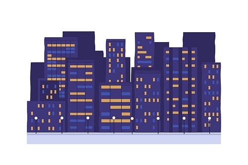 Night city buildings vector illustration. Town street lighting. Multi-storey houses with shining windows isolated on white . Evening, nighttime. Business centre, apartment house exterior