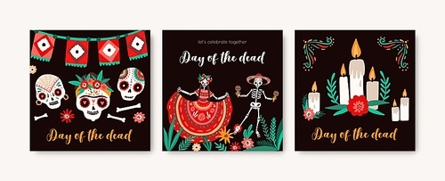 Day of dead holiday cards templates set. Decorated sugar skulls color drawing. Dancing cartoon human skeletons in national costumes. Traditional festive postcards collection. Mexican carnival