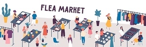 Flea market flat vector illustration. Sellers and customers faceless characters. Rag fair items buying. Swap meet. Cheap goods, junk, purchase, bargain. Bazaar, fashion designers market