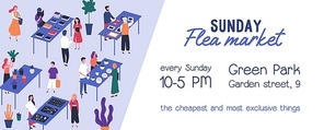Flea market flyer vector template. Rag fair invitation, event announcement. Swap meet, junk bazaar flat illustration. Buyers and sellers faceless characters. Leaflet, banner design