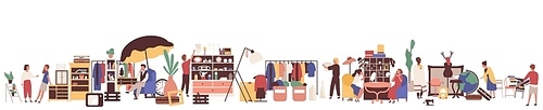 Flea market flat vector illustration. Customers and sellers cartoon characters. Clothing and vintage goods retail business. Garage sale, second hand shop. Merchandise and consumerism concept