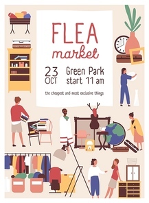 Designer market flat poster vector template. Retail store sale invitation. Rag fair, flea market advertising brochure, banner layout. Customers buying exclusive stuff illustration with typography