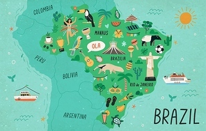 Brazil map hand drawn vector illustration. South America country cultural symbols, tourist attractions. Fauna and flora, national landmarks and travel destinations. Brazil creative educational poster