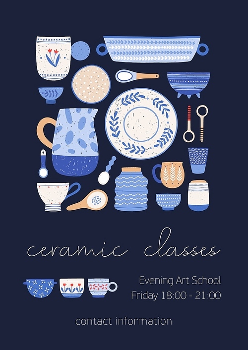Ceramic classes vector poster template. Porcelain workshop banner layout. Hand drawn modern tableware on dark blue background. Evening art school advertisement with place for text
