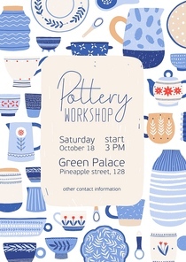 Pottery workshop poster vector template. Hand painted crockery. Clay utensil in rustic style. Traditional painting dishes master class. Workroom advertising flyer, leaflet design idea