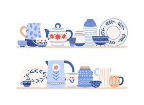 Beautiful handmade ceramics on shelves flat vector illustration. Clean dishes. Decorative tableware isolated on white . Kitchen utensils and dinnerware. Restaurant faience