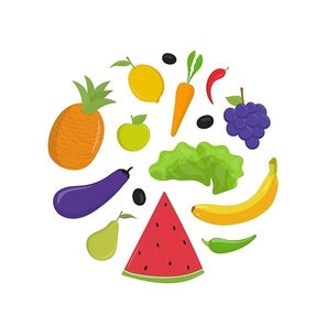 Fruit and vegetables flat vector illustrations set. Raw whole banana and apple, watermelon slice. Ripe eggplant, carrot isolated cliparts pack on white . Organic veggies in round shape