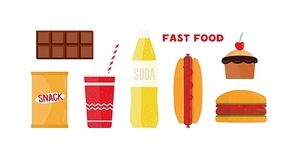 Fast food flat vector illustrations set. Restaurant takeaway products isolated cliparts pack on white . Unhealthy nutrition eating. Tasty hotdog, burger junk food design elements collection