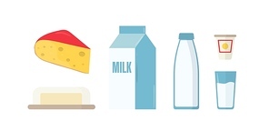 Dairy products flat vector illustrations set. Milk in bottle, package and glass isolated cliparts pack on white . Piece of Swiss cheese with holes, butter in plate design elements collection