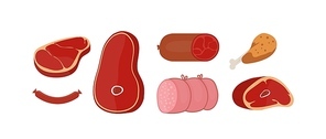 Raw meat products flat vector illustrations set. Butchery shop fresh assortment. Pork slice and beef steak isolated cliparts pack on white background. Sausage, chicken leg design elements collection