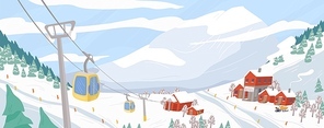 Beautiful ski resort flat vector illustration. Mountain winter landscape with chairlift for downhill skiing, snowboarding and extreme sports. Seasonal recreation spot. Active lifestyle concept