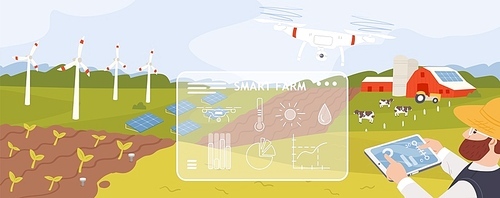Smart farm flat vector illustration. Innovative approach in agricultural industry. Cartoon farmer monitoring crops growth with drone. Modern farmland with wind turbines and solar panels