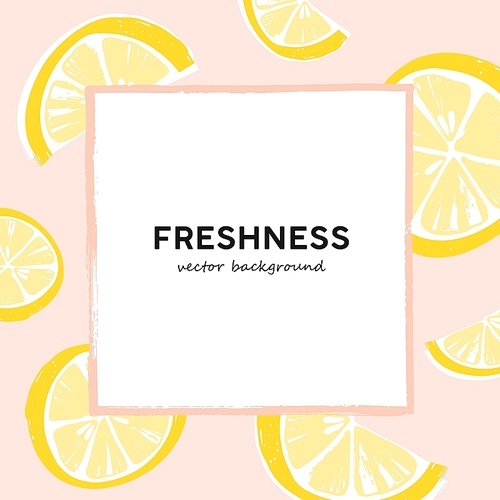 Lemon slices vector summer banner template. White square frame with text space background. Yellow citrus fruits hand drawn illustrations. Summertime event invitation design layout
