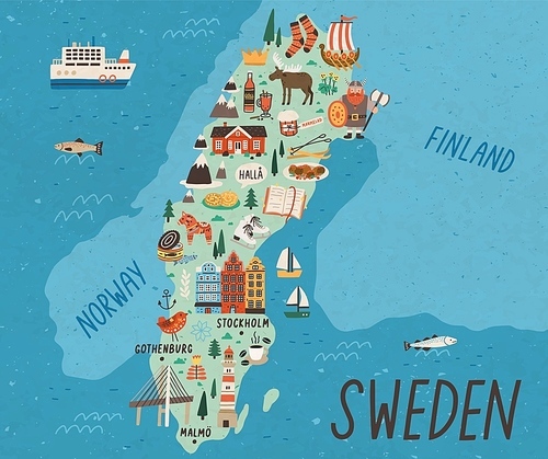 Cultural map of Sweden flat vector illustration. European country traditional landmarks and tourist attractions. EU state cartoon drawing. Travel guide with famous sights and animals