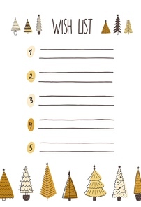 Christmas wish list hand drawn vector illustration. Hand drawn Xmas trees and numbered checklist isolated on white . Festive message to Santa Claus. Traditional winter holiday note