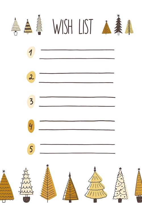 Christmas wish list hand drawn vector illustration. Hand drawn Xmas trees and numbered checklist isolated on white . Festive message to Santa Claus. Traditional winter holiday note