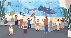Children in oceanarium flat vector illustration. Parents and kids looking at ocean fishes cartoon characters. Aquarium, marine flora and fauna, underwater fish and sea animals variety