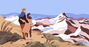 Mountain rest flat vector illustration. Enamored couple, tourists, holiday makers admiring scenery cartoon characters. Travelling, outing, world watching. Opening new horizons concept