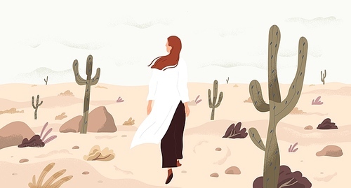 Girl in desert flat vector illustration. Single woman cartoon character. Travelling and outing, discovery and exploration concept. Emptiness and loneliness, opportunity search metaphor