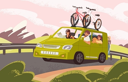 Family road trip on camper car flat vector illustration. Family couple with kids and dog going on vacation. Bicycles attached to top of green automobile. Cartoon characters travelling in auto