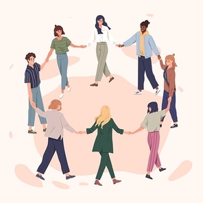Happy people holding hands together flat vector illustration. Adult men and women standing in circle cartoon characters. Cheerful friends perform round dance. International togetherness concept