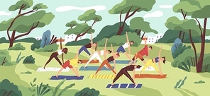Outdoor yoga class flat vector illustration. Young women in sportswear training together in city park cartoon characters. Healthy lifestyle, active recreation. Open air workout, physical exercising